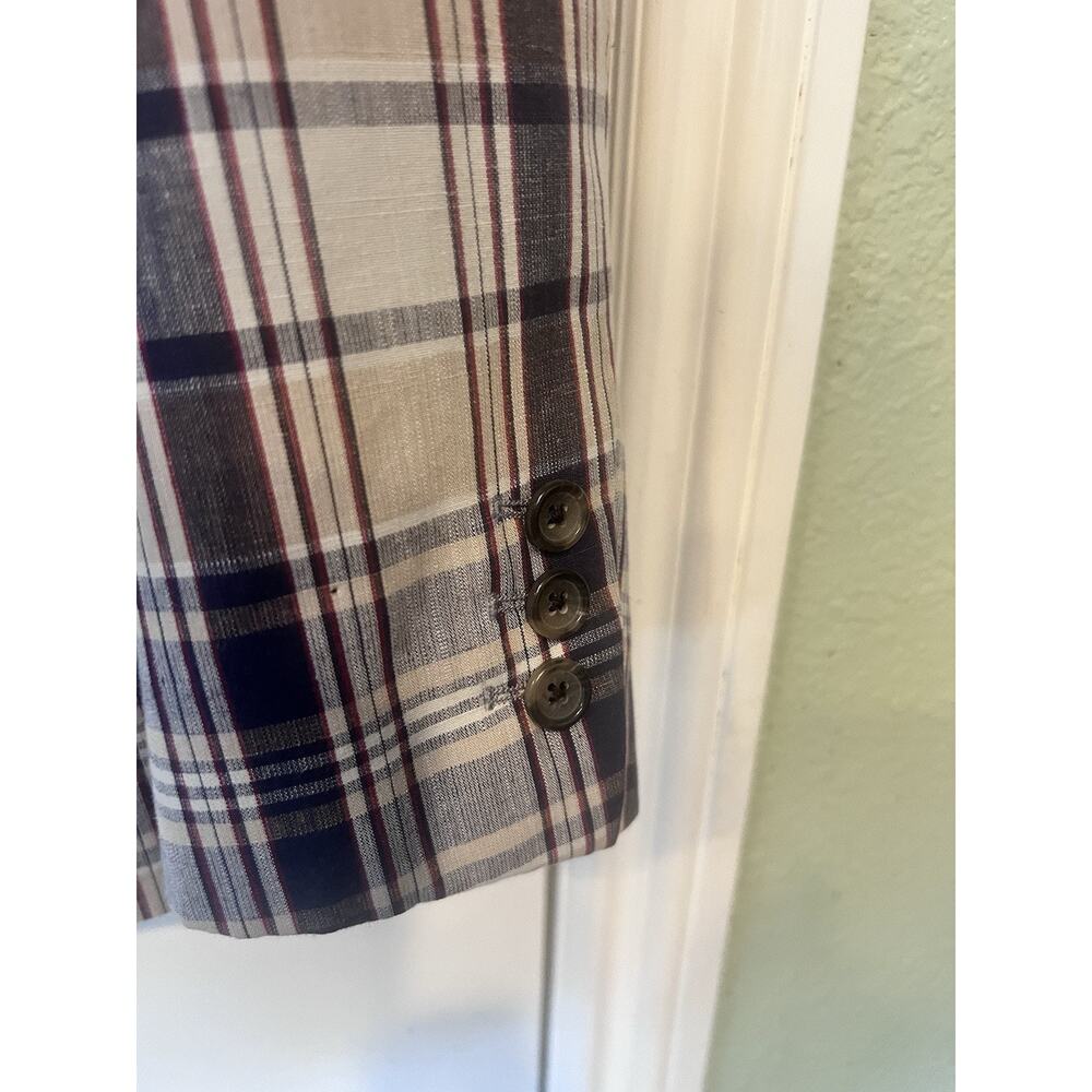 Banana Republic Mad Men Plaid Blazer 38S Tailored Slim Fit Navy Red Gold Lining - Picture 3 of 16